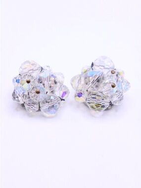 Crystal Cluster Button Clip on Earrings - Clear Aurora (Unbranded)